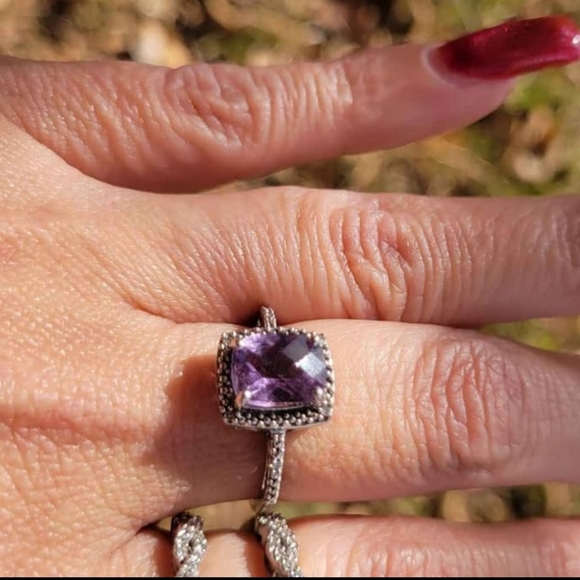 Fancy Cut Genuine Amethyst Diamond BandPurple Gemstone White Gold Ring
